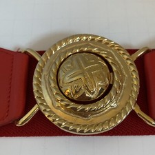 Vintage 1980s Red With Gold Tone Circle Elastic Belt Small/Medium Lightweight