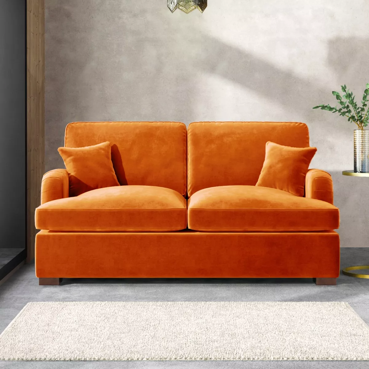 Orange Velvet Sofa Bed Pull Out 2 Seater Foam Filled with Wooden Feet