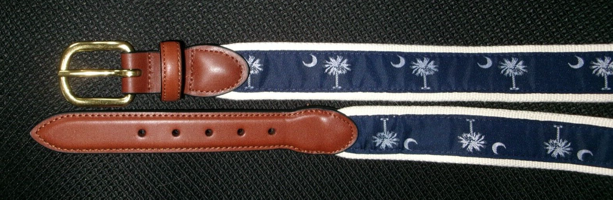 Barrons Hunter Men s Canvas Leather Belt 44 Blue Balm Tree Brass Buckle USA SO39