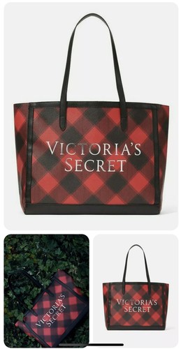 Victoria’s Secret Weekender School Beach Tote Open Bag in Black & Red Check New