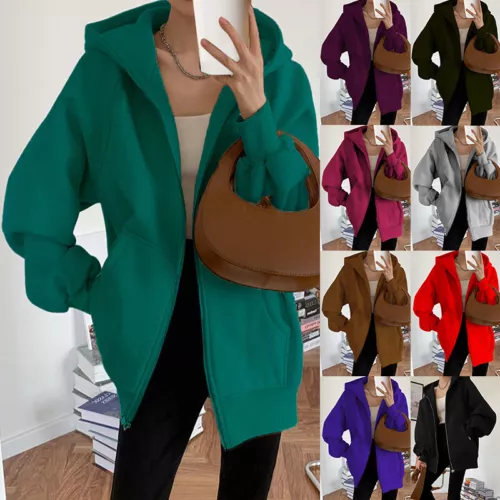 Women Long Sleeve Fleece Hooded Sweatshirt Plus Size Zip Up Casual Jacket Hoodie - Picture 2 of 42