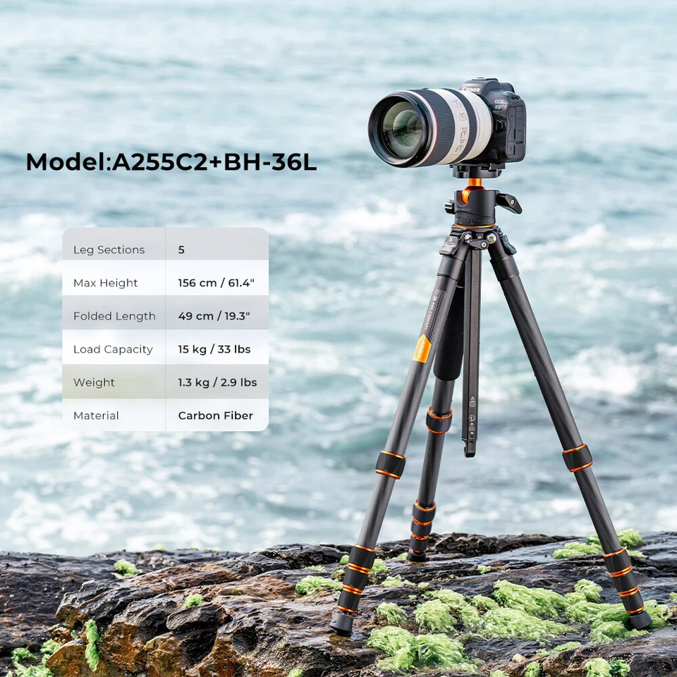 K&F Concept 62" Camera Tripod Pro Carbon Fiber Monopod Metal Ball Head fr Travel - Image 2 of 4