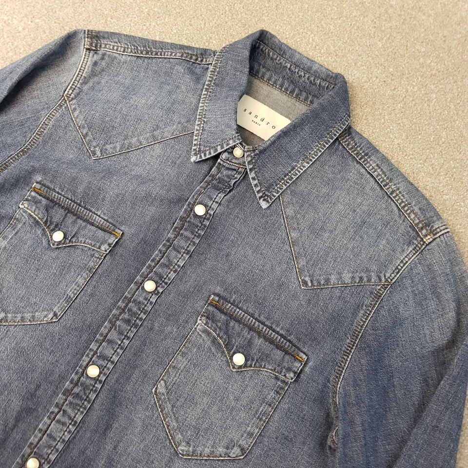 Sandro Mens Shirt Small Blue Denim Pearlsnap Western Cowboy Paris Pockets - Image 2 of 4