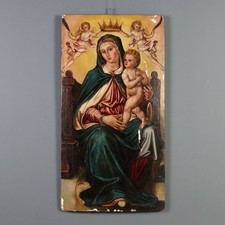 Antique Painting Virgin Mary Sat on the Throne Poplar XVI Century Original
