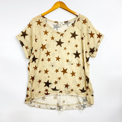 Umgee USA Women's Top Small Tan Brown Stars Neutral Gauze Patriotic