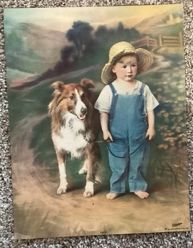 RARE 1926 Brown & Bigelow Tintogravure Print PALS-Farm boy & Collie