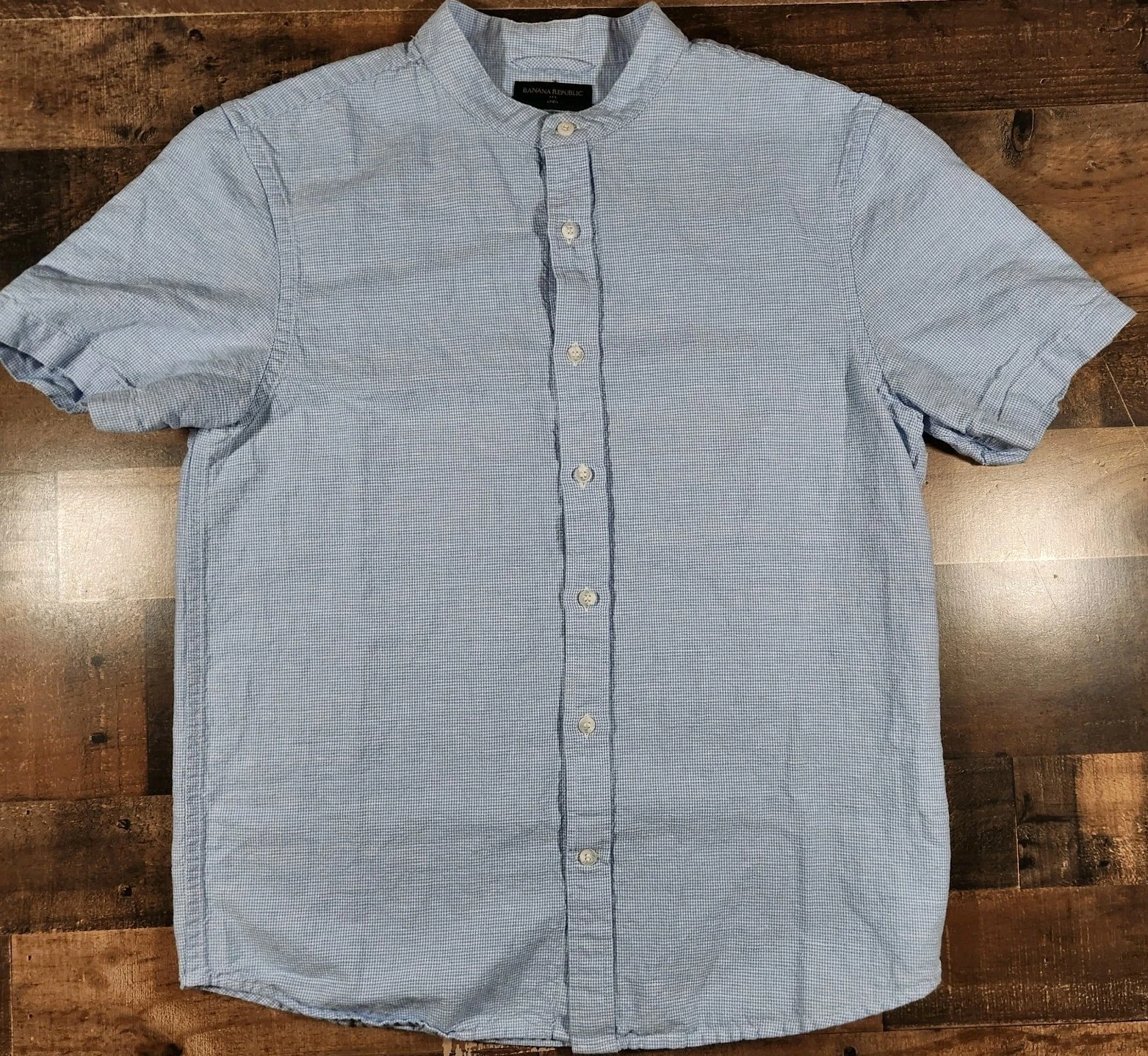 Banana Republic Linen Shirt Mens Large Blue Check Gingham Band Collar Button Up