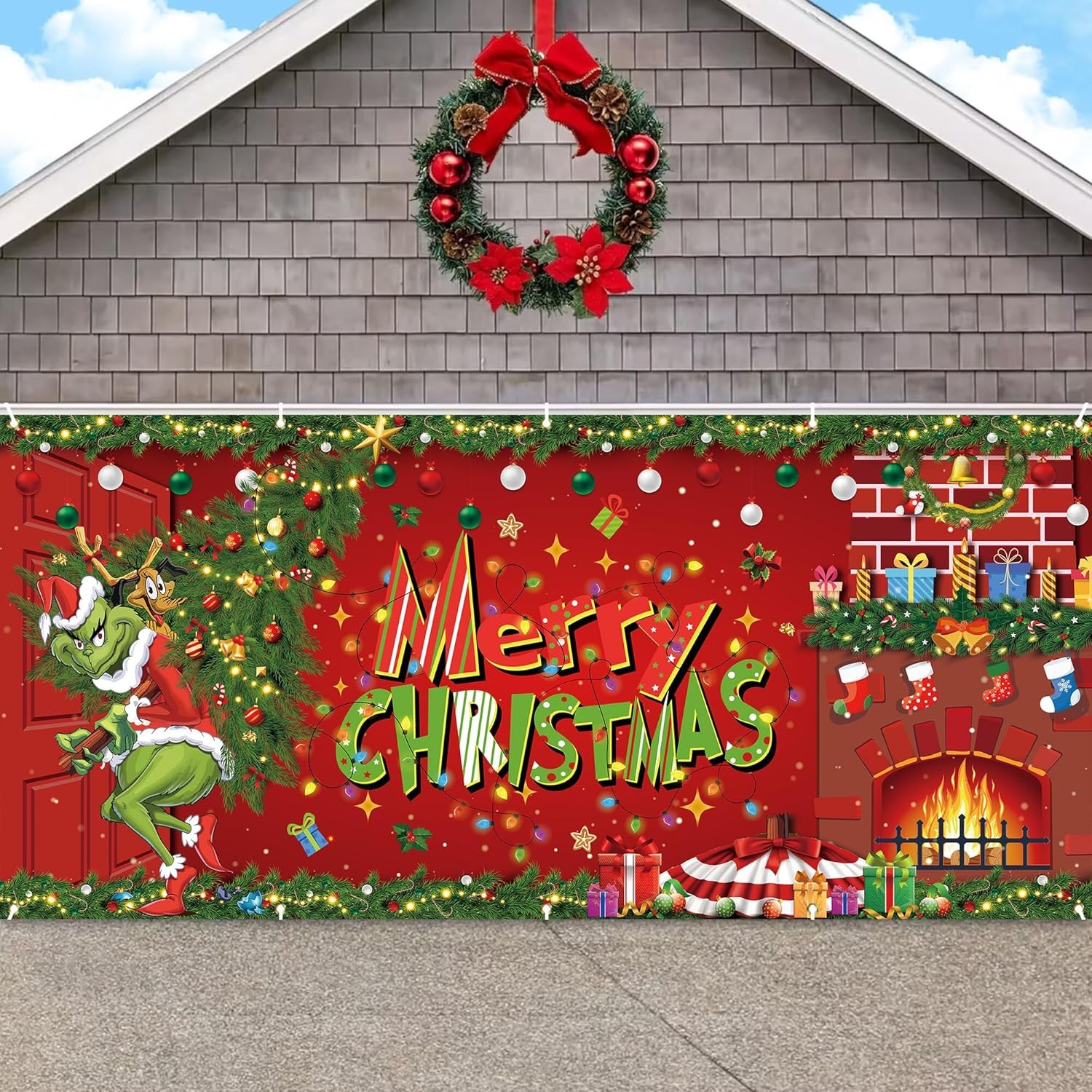 Christmas Garage Door Cover Red and Green Xmas Backdrop Hanging Sign Colorful 