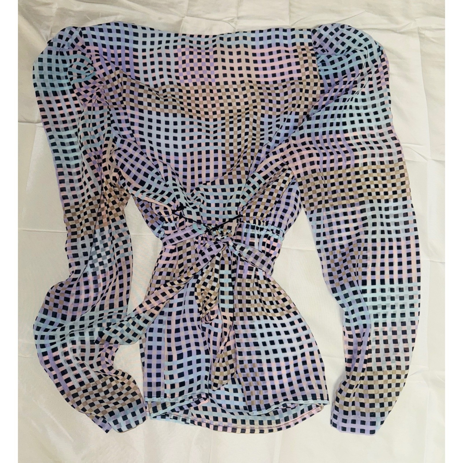 Calvin Klein Women's Puff Sleeve Wrap Blouse Pastel Check Print Size M thumbnail 6