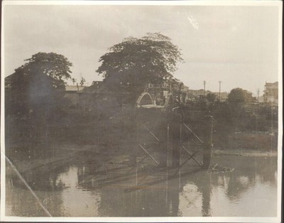 River Scene Bridge Vintage Snapshot Photograph Water Trees Architecture