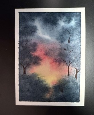ACEO Original Art Card Watercolor Painting abstract night sky forest 2.5 X 3.5