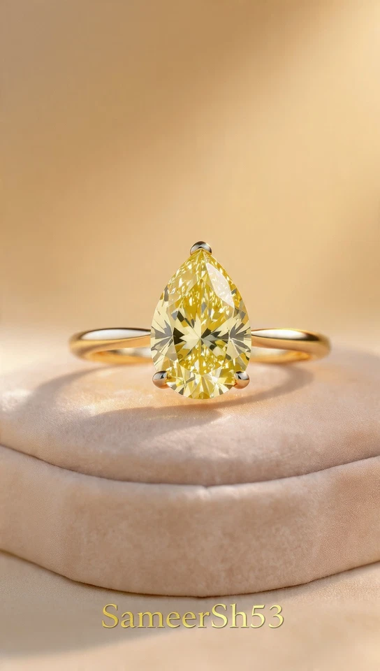 Anillo de diamantes amarillos talla pera cultivada en laboratorio de 4 quilates diseño de oro amarillo de 14 k por Sameersh53 Foto 2 de 4