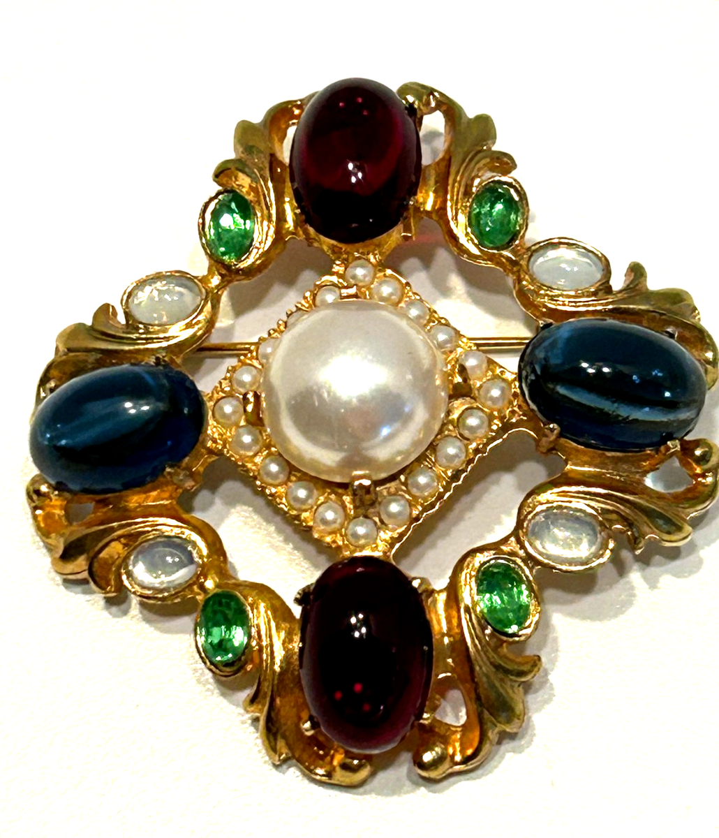 Vintage Jewel Brooch by Cadoro With Glass Cabochons And Faux