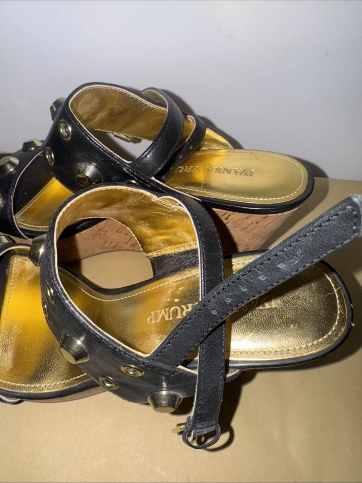 Sandalias IVANKA TRUMP GITTY de cuero negro con tachuelas cuñas con cordones para mujer talla 7 Foto 3 de 4