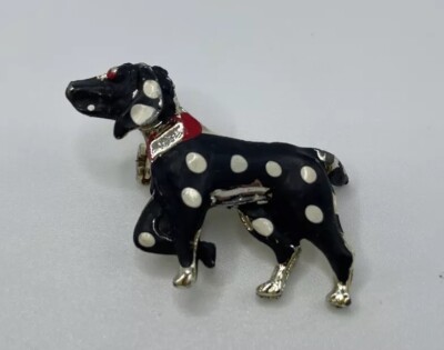 Vintage Enamel Dog Brooch ~ Black Dog With White Spots Pin ~ Pointer?