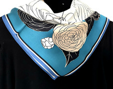 35"x35"Blue Camellias Print Pure Mulberry Satin Silk 14momme Scarf 88x88cm5-86