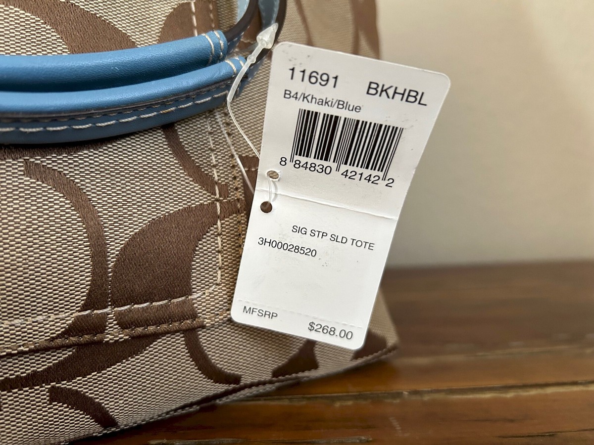 Coach Signature Stripe Khaki / Blue Shoulder Tote Purse + Dust Bag