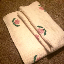 Handmade Crocheted White And Pink Flowers Baby Blanket or Lap Throw 44"x38"