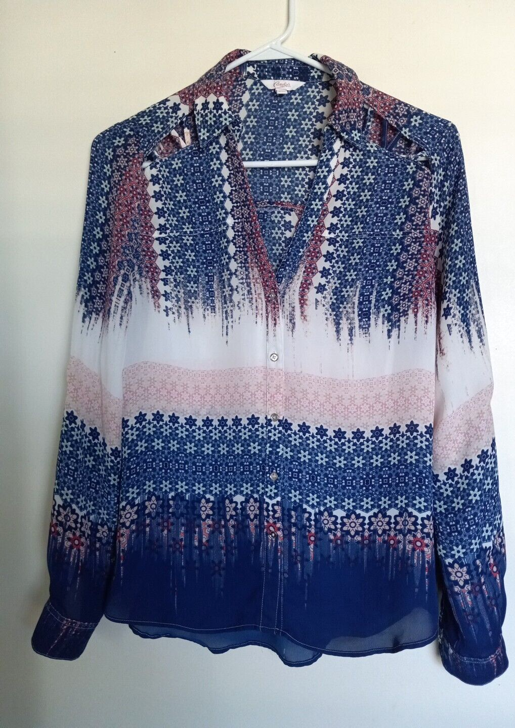 Candies Floral Button Front Blouse Size S Colorful Long Roll Tab Sleeve