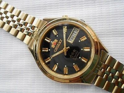 RARE VTG GOLD PLATED 46943 ORIENT TRISTAR DAY DATE MENS AUTOMATIC WRISTWATCH
