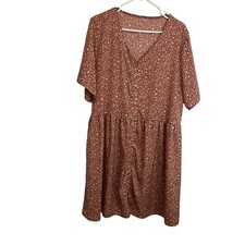 Womens Pink Peach Cheetah Animal Print Floral Button Up Short Sleeve Dress 2XL