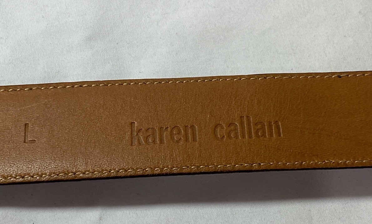 Karen Callan Brown Leather Belt with Brass color ring Karen Callan Gold Metal Mesh w Leather trim Belt w ornate  main image 3