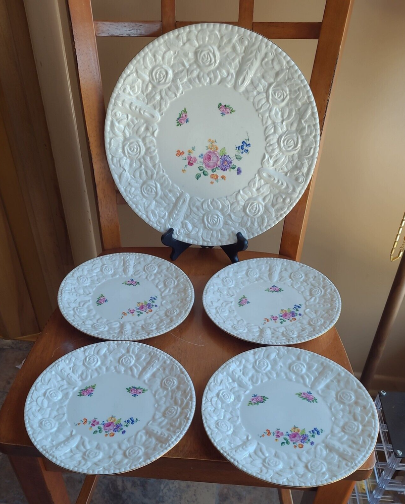 CZECH Embossed Roses Cake Plate & 4 Dessert Plates Floral Set of 5