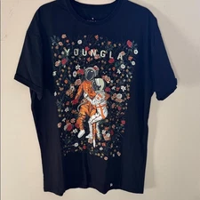 YoungLA Large Men’s Astro Affairs Black T-Shirt with Astronaut and Floral Design