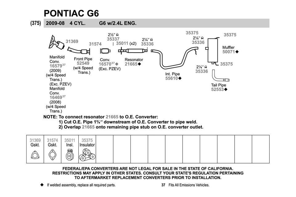 For Chevy Malibu 2008-2010 Walker 52549 Aluminized Steel Exhaust Front Pipe Foto 2 de 4