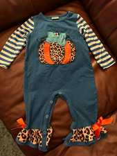 Baby Girls Boutique Pumpkin One-Piece Romper Long Sleeve Bow Ruffle