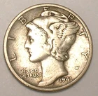 1941 Mercury Winged Head Dime 10 Cents Silver Coin VF