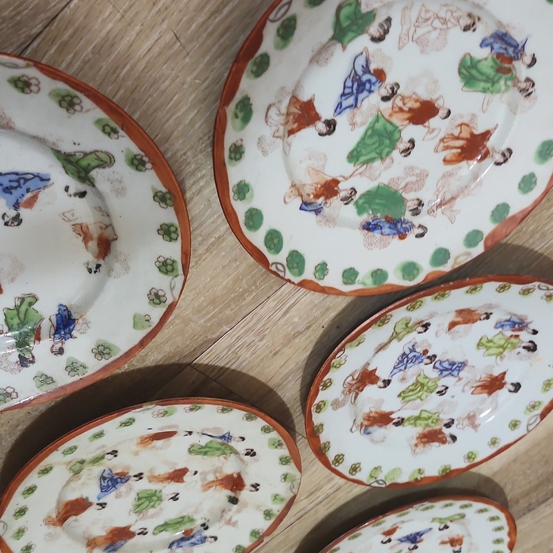 Geisha Pattern Ceramic Plates Set of 6, Round White & Multicolor, People Theme