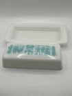 Vintage Pyrex Amish Butter Dish w/Lid Rooster Turquoise Milk Glass White Blue 7"