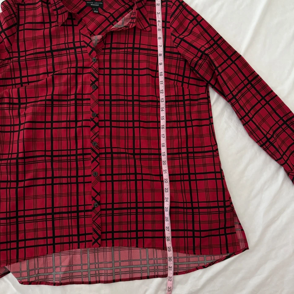 Top Susan Graver Fin de Semana Rojo a Cuadros Abotonado XL Artístico Madura Oficina Carrera Foto 4 de 4