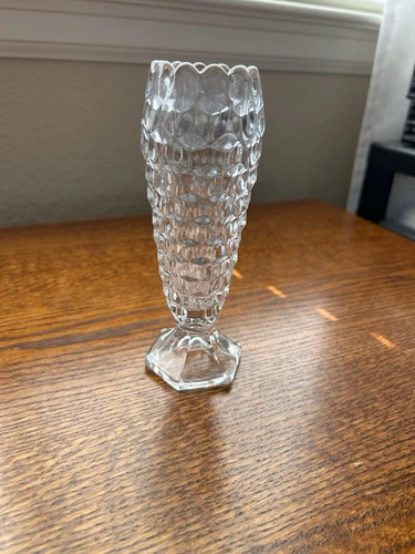 Vintage Heavy Fostoria American Clear Bud Vase 2056 Hexagon Foot Cupped Top 6½"