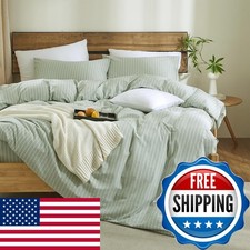 XINMIANFANG Striped Duvet Cover Set Queen Size Wide Stripe Sage Green/White