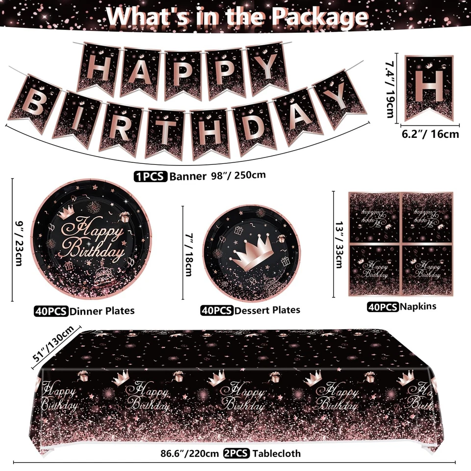 Paquete de 123 suministros de fiesta de oro negro y rosa decoraciones de fiesta de cumpleaños rosa S... Foto 2 de 4