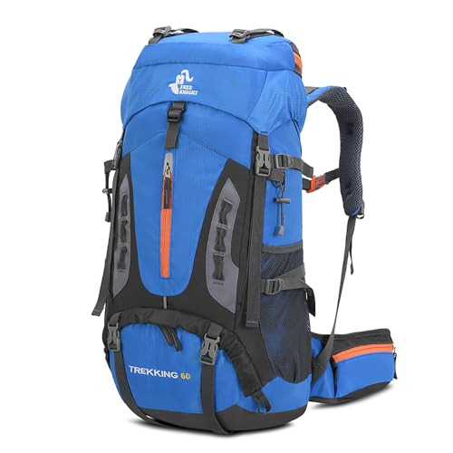 60L Waterproof Light Blue Hiking Backpack with Rain Cover