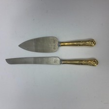 VTG Sheffield England Cake Server Knife Set Gold Colored Handles Stainless Steel