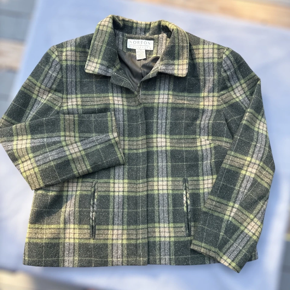 Chaqueta De Colección Norton McNaughton Mezcla de Lana A Cuadros Cremallera Verde Gris Talla 14 Forrada Foto 2 de 4