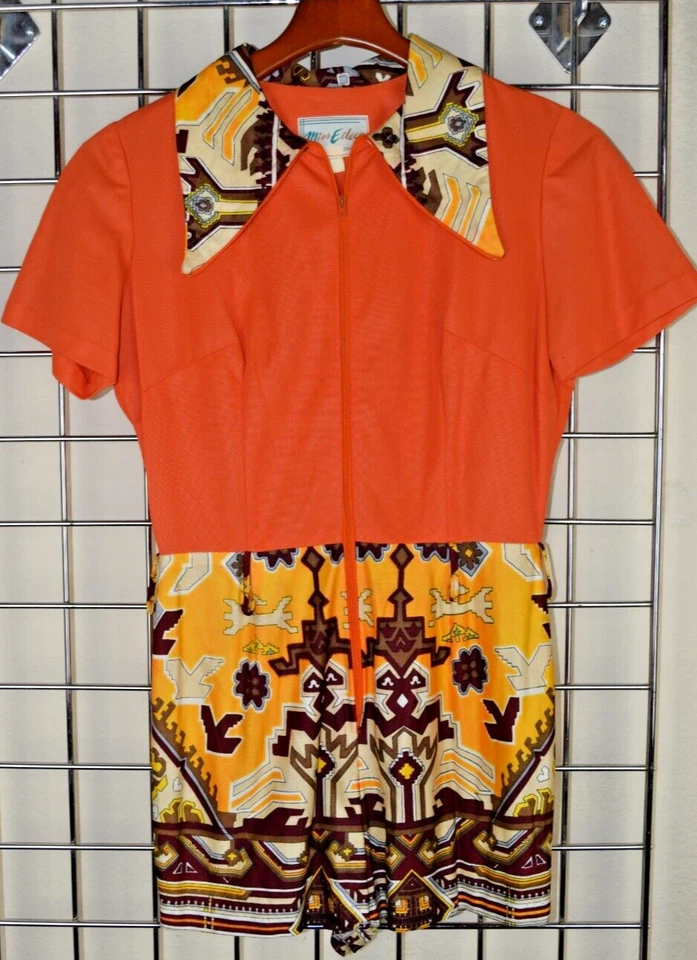 Jersey Vintage Miss Eileen Talla S/M Años 60 Mandarina Naranja Amarillo Marrón Geométrico Foto 2 de 4