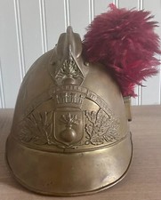 Antique French 19th Century WW1 Brass Fire Brigade Helmet w/ Plume & Chin Strap