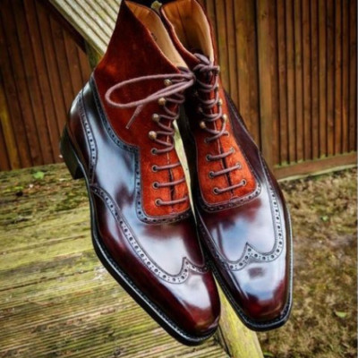 Tailor Made New Men's Two Tone Leather, Suede Lace Up Dress High Ankle Boots Men