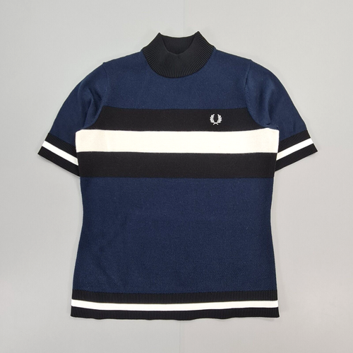 Fred Perry Womens Jumper Blue 6 UK Wool Blend Knitted Short Sleeves Top