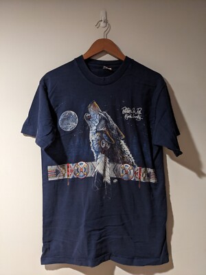 Vintage 90s Wolf Howl Moon Animal Nature Blue Large T-Shirt