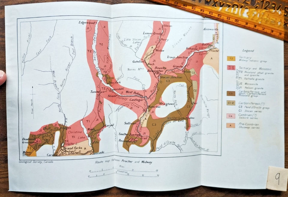 1913 Antique Geological Map of the Route between Procter and Midway - Canada - Image 1 of 1