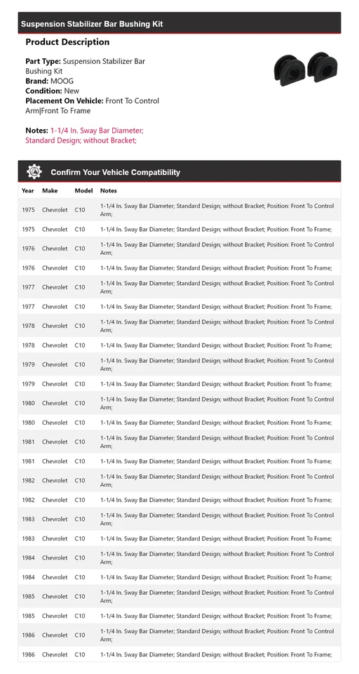 Kit de buje de barra estabilizadora de suspensión para Chevrolet C10 1975-1986 MOOG 1975 1976 Foto 2 de 4