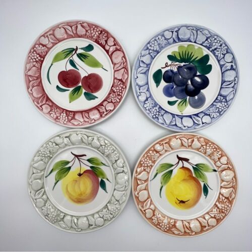 Pizzato Pottery Italy Hand Painted Fruit Motif 8” Dessert Salad Plates Set of 4