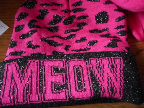 Girl's Faded Glory Pink & Black Hat Beanie & Glove Set MEOW NEW - Picture 2 of 2