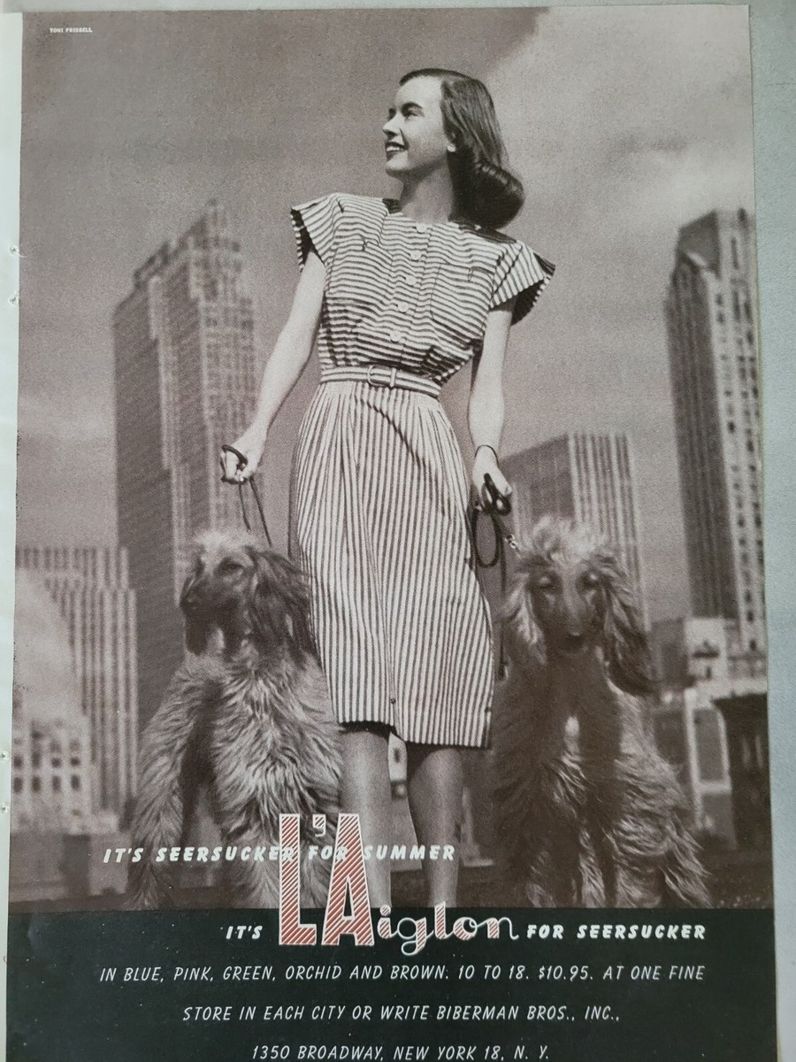 1944 L'Aiglon Womens Striped Seersucker Dress Walking Dogs Vintage Fashion  ad